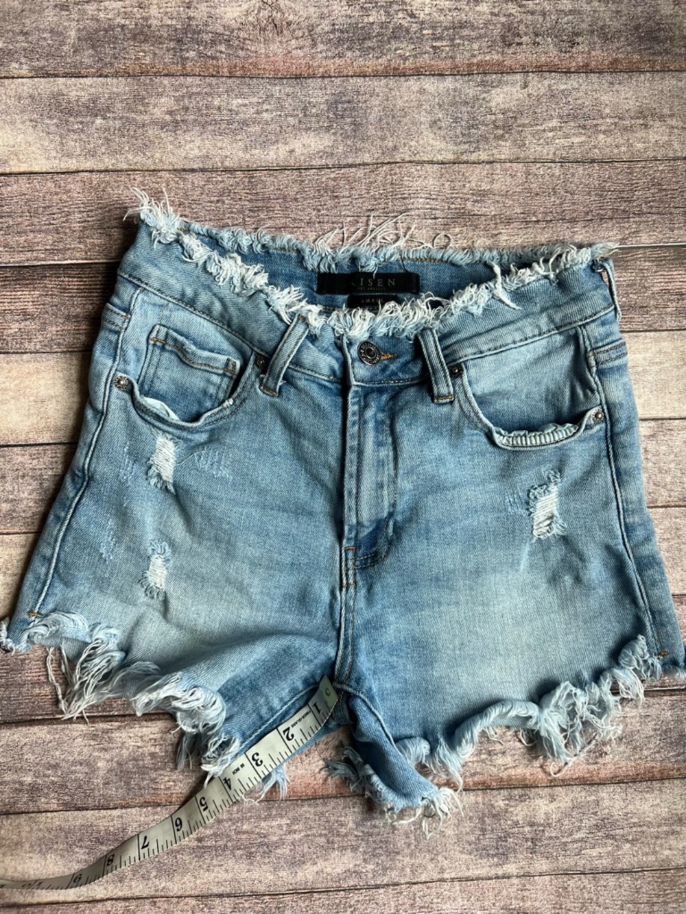 RISEN Frayed Light Blue Distressed Denim Shorts - Women's High-Rise